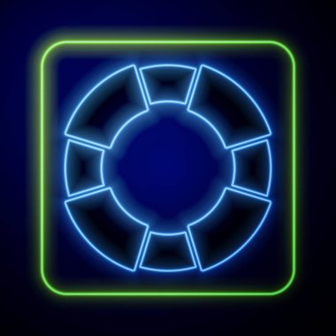 Parlayan neon rengi Lifebuoy simgesi mavi arkaplanda izole edildi. Can simidi sembolü. Vektör.