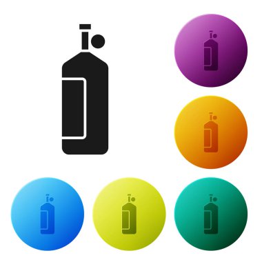 Siyah Aqualung simgesi beyaz arkaplanda izole edildi. Dalgıçlar için oksijen tüpü. Dalış ekipmanları. Olağanüstü bir spor. Su altı ekipmanları. Simgeleri renk daire düğmelerine ayarla. Vektör.