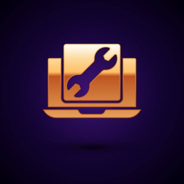 Siyah arkaplanda İngiliz anahtarı simgesi olan altın dizüstü bilgisayar. Ayarlama, servis, ayar, bakım, onarım, onarım. Vektör.