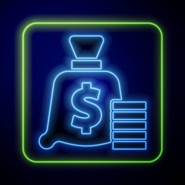 Parlayan neon para çantası simgesi mavi arkaplanda izole edildi. Dolar ya da USD sembolü. Nakit bankacılık tabelası. Vektör.