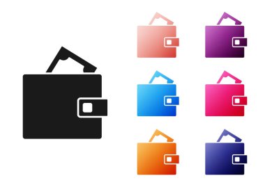 Siyah Cüzdan, kağıt para destesiyle beyaz arka planda izole edilmiş nakit ikonu. Çanta ikonu. Nakit tasarruf sembolü. Simgeleri renklendirin. Vektör.