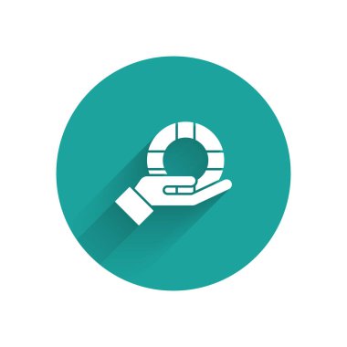 Beyaz Lifebuoy 'un elinde uzun gölgeli bir simge var. Can simidi sembolü. Yeşil daire düğmesi. Vektör.