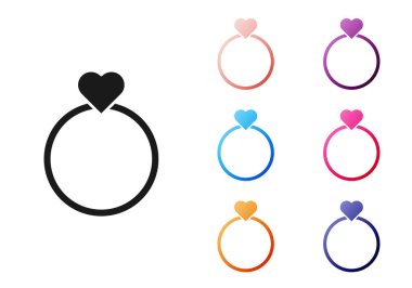 Siyah alyans simgesi beyaz arkaplanda izole edilmiş. Gelin ve damat mücevher tabelası. Evlilik sembolü. Elmas yüzük. Simgeleri renklendirin. Vektör.