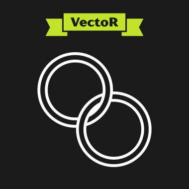 Beyaz çizgili alyans simgesi siyah arkaplanda izole edilmiş. Gelin ve damat mücevher tabelası. Evlilik sembolü. Elmas yüzük. Vektör.