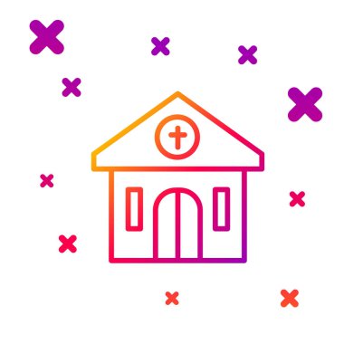 Beyaz arka planda izole edilmiş renkli kilise binası ikonu. Hıristiyan Kilisesi. Kilisenin dini. Kademeli rastgele dinamik şekiller. Vektör.