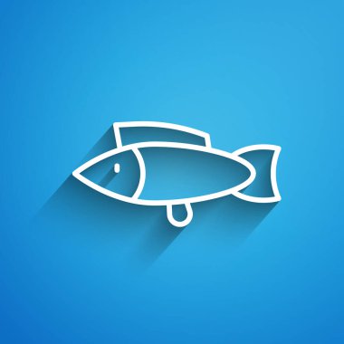 Beyaz çizgi Balık simgesi mavi arkaplanda izole edildi. Uzun gölge. Vektör.