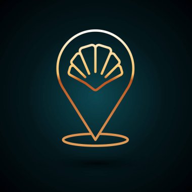 Altın çizgili deniz kabuğu simgesi koyu mavi arkaplanda izole edildi. Deniz kabuğu işareti. Vektör.