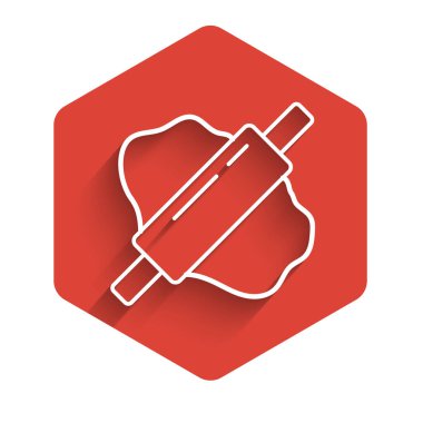 Uzun gölgeli beyaz çizgili hamur simgesi. Kırmızı altıgen düğmesi. Vektör.