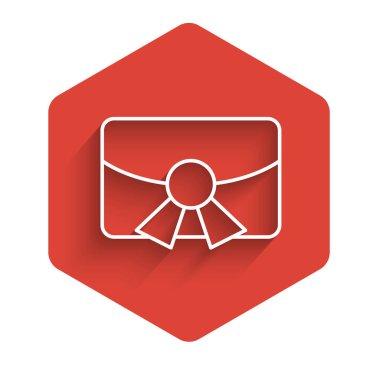 Beyaz çizgi Noel kartı ikonu uzun gölgeli izole edilmiş. Mutlu Noeller ve mutlu yıllar. Kırmızı altıgen düğmesi. Vektör.