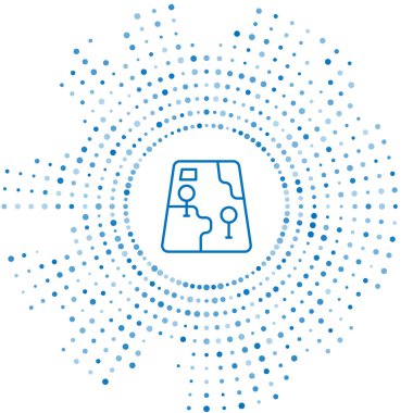 Şehir haritası yön bulma simgesinin mavi çizgi bilgileri beyaz arkaplanda izole edildi. Mobil Uygulama Arayüzü tasarımı. Coğrafi konsept. Soyut çember rastgele noktalar. Vektör.