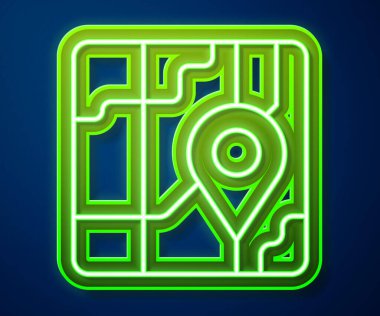 Şehrin harita yön bulma simgesinin parlayan neon hattı Infographic mavi arkaplanda izole edildi. Mobil Uygulama Arayüzü tasarımı. Coğrafi konsept. Vektör.