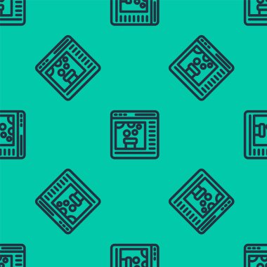 Mavi Hat Kimyasal Deneyi çevrimiçi simgesi yeşil arka planda izole edilmiş kusursuz desen. Laboratuvarda kimyasal ekipmanlarla yapılan bilimsel deney. Vektör.