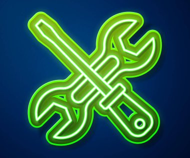 Parlak neon hattı tornavida ve anahtar anahtarı simgesi mavi arkaplanda izole edildi. Servis aracı sembolü. Vektör.