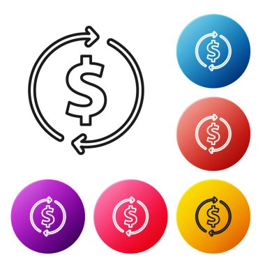 Siyah çizgi finansal büyüme ve dolar madeni para ikonu beyaz arka planda izole edildi. Gelirleri arttırıyorum. Renkli daire düğmelerini ayarlayın. Vektör.