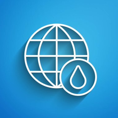 Beyaz çizgi Dünya gezegeni mavi arka planda izole edilmiş su damlası ikonu. Dünya küresi. Su tasarrufu ve dünya çevre koruma. Uzun gölge. Vektör.