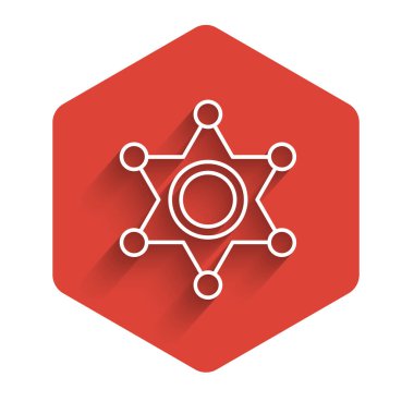 Beyaz çizgi şerifi Hexagram ikonu uzun gölgelerle izole edilmiş. Polis rozeti ikonu. Kırmızı altıgen düğmesi. Vektör.