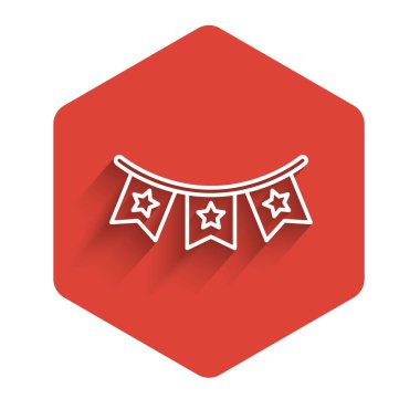 Beyaz çizgi karnaval çelengi uzun gölgeli bayrak ikonu ile izole edilmiş. Doğum günü kutlaması için parti flamaları, festival dekorasyonu. Kırmızı altıgen düğmesi. Vektör.