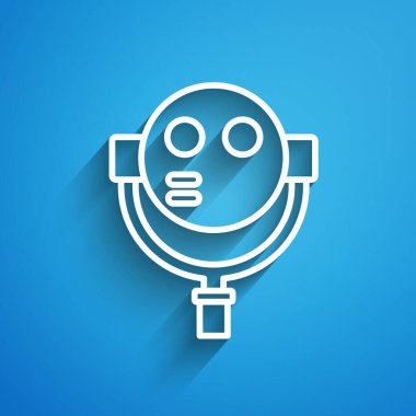 Mavi arka planda beyaz çizgi turist dürbünü simgesi izole edildi. Gözlem güvertesinde turistler için dürbün teleskobu. Uzun gölge. Vektör.