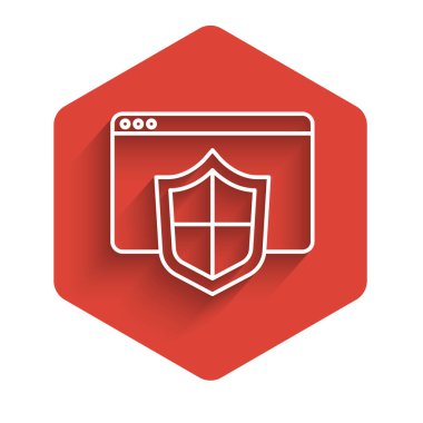 Beyaz çizgi tarayıcısı, uzun gölgeli kalkan simgesi ile izole edildi. Güvenlik, güvenlik, koruma, gizlilik kavramı. Kırmızı altıgen düğmesi. Vektör.