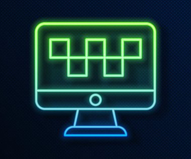 Parlayan neon hattı Bilgisayar taksi servisi simgesi mavi arkaplanda izole edildi. Vektör.
