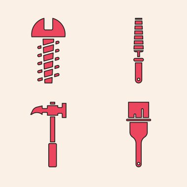 Boya fırçası, metal vida, tahta ve pençe çekiç ikonu için keski aleti. Vektör.