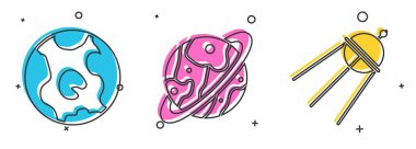 Dünya küresi, Satürn gezegeni ve uydu simgesini ayarla. Vektör.