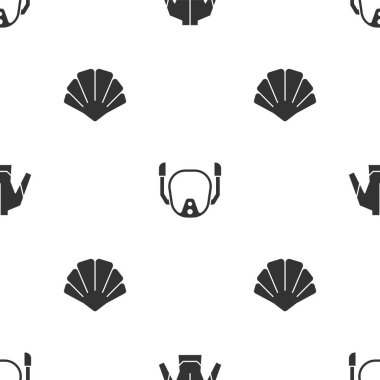 Dalgıç giysisi, dalış maskesi ve deniz kabuğunu pürüzsüz desene ayarlayın. Vektör.