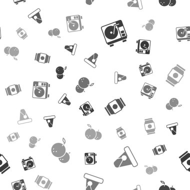 Vinil çalar, vinil disk, Noel Baba şapkası, bira kutusu ve Tangerine 'i kusursuz desenli ayarla. Vektör.