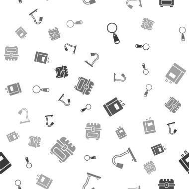 Büyüteç, masa lambası, kitap ve antika hazine sandığını kusursuz desenlere ayarlayın. Vektör.