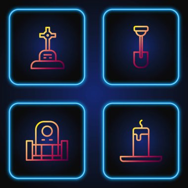 Yakıcı mum, mezar taşlı mezar taşı, haç ve kürek koyun. Renk simgeleri. Vektör.