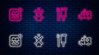 Alkol yok, diş fırçası yok, diş macunu yok, kalp atış hızı ve acil durum arabası olan bir araç. Tuğla duvarda parlayan neon simgesi. Vektör.