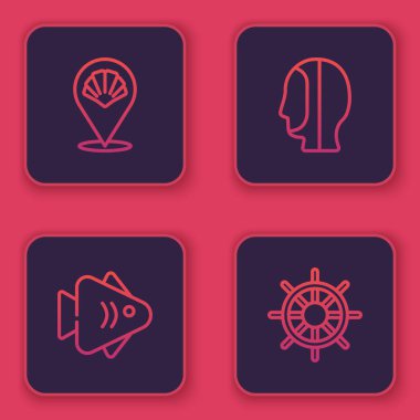 Deniztarağı deniz kabuğu, balık, dalış kaputu ve gemi direksiyonu ayarlayın. Mavi kare düğme. Vektör.