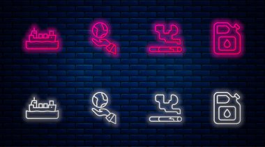 Dünya küresi, sigara, petrol tankeri ve benzin için teneke kutuyu tutan elleri ayarlayın. Tuğla duvarda parlayan neon simgesi. Vektör.