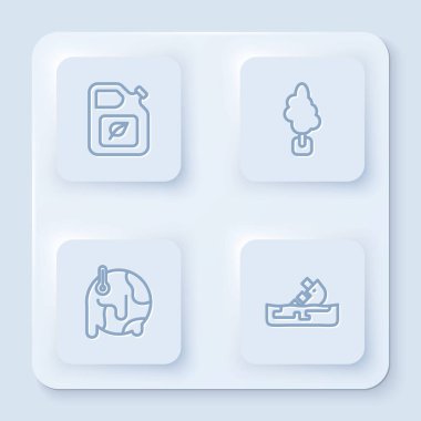 Biyolojik yakıt deposu, Ağaç, Küresel ısınma ve Yıkılmış petrol tankeri gemisi. Beyaz kare düğme. Vektör.