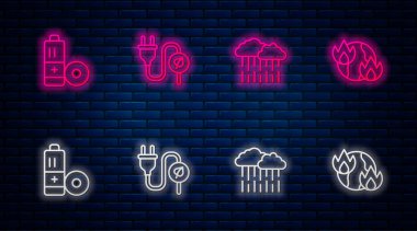 Elektrik tasarruf fişini yaprağa, Bulut 'u yağmura, bataryaya ve küresel ısınmaya ayarlayın. Tuğla duvarda parlayan neon simgesi. Vektör.
