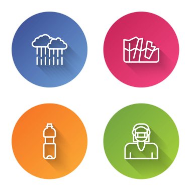 Bulut 'u yağmurla, buzulların erimesiyle, bir şişe suyla ve koruyucu maskeyle hizaya sokun. Renkli daire düğmesi. Vektör.