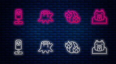 Ağaç kütüğü, küresel ısınma ateşi çöp tenekesi ve kutup ayısı kafası. Tuğla duvarda parlayan neon simgesi. Vektör.