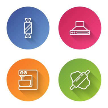 Candy, mutfak vantilatörü, elektirikli mikser ve hamurun üzerinde raptiye ayarla. Renkli daire düğmesi. Vektör.