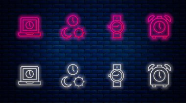 Çizgiyi gece gündüz ayarla, kol saati, dizüstü bilgisayar ve alarm saati. Tuğla duvarda parlayan neon simgesi. Vektör.