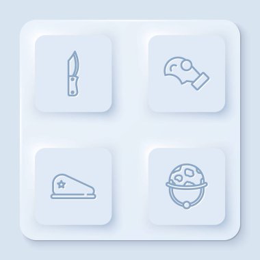 Askeri bıçak, gaz maskesi, bere ve miğfer. Beyaz kare düğme. Vektör.