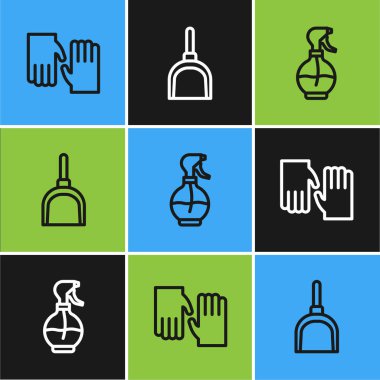 Lastik eldivenler, su püskürtme şişesi ve faraş ikonu. Vektör.