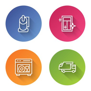 Hattı hazırla tuvalet kağıdı rulosu, pencere temizleme servisi, bulaşık makinesi ve çöp kamyonu. Renkli daire düğmesi. Vektör.