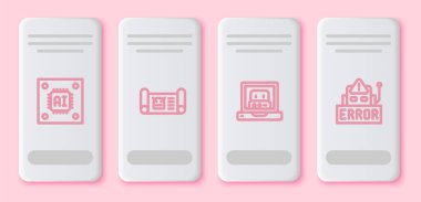 Hat işlemcisini mikro devreli işlemci, robot taslağı, robot ve hata ile ayarla. Beyaz dikdörtgen düğme. Vektör.