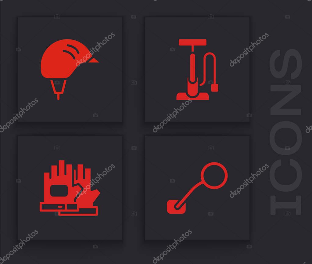 Set Bicycle rear view mirror, helmet, air pump and Gloves icon. Vector.