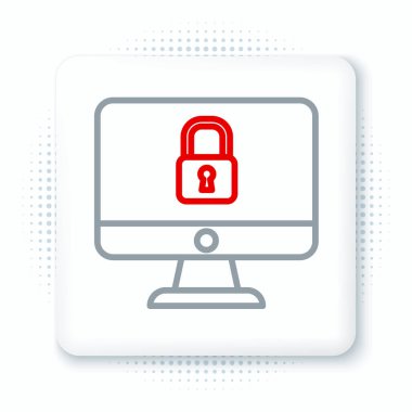 Bilgisayar monitörü simgesindeki satır kilidi beyaz arkaplanda izole edildi. Güvenlik, güvenlik, koruma kavramı. Güvenli bir ağ. Renkli taslak konsepti. Vektör.