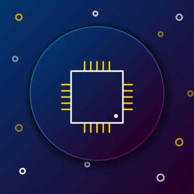 Mikrodevreli çizgi bilgisayar işlemcisi mavi arka planda izole edilmiş bir işlemci simgesi. Devre kartı işaretli çip ya da işlemci. Mikro işlemci. Renkli taslak konsepti. Vektör.