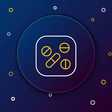 Mavi arka planda çizgi ilacı veya tablet ikonu izole edildi. Kapsül hapı ve uyuşturucu işareti. Eczane tasarımı. Renkli taslak konsepti. Vektör.