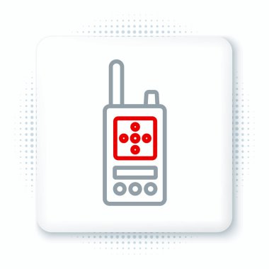 Beyaz arkaplanda hat telsizi simgesi izole edildi. Taşınabilir radyo vericisi simgesi. Radyo alıcı-vericisi işareti. Renkli taslak konsepti. Vektör.