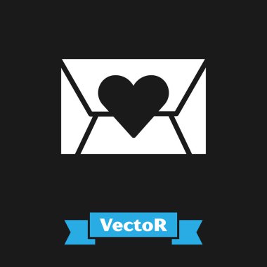 Siyah arka planda Sevgililer Günü kalp ikonu olan beyaz zarf. Mesaj aşkım. Aşk ve romantizm mektubu. Vektör.