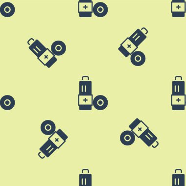 Mavi Batarya simgesi sarı arkaplandaki kusursuz deseni izole etti. Şimşek sembolü. Vektör.